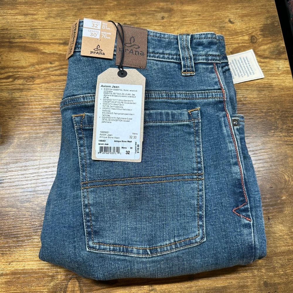 New Prana Axiom Jean Mens 32x30 Antique Stone Wash Straight Leg‎ Organic Denim